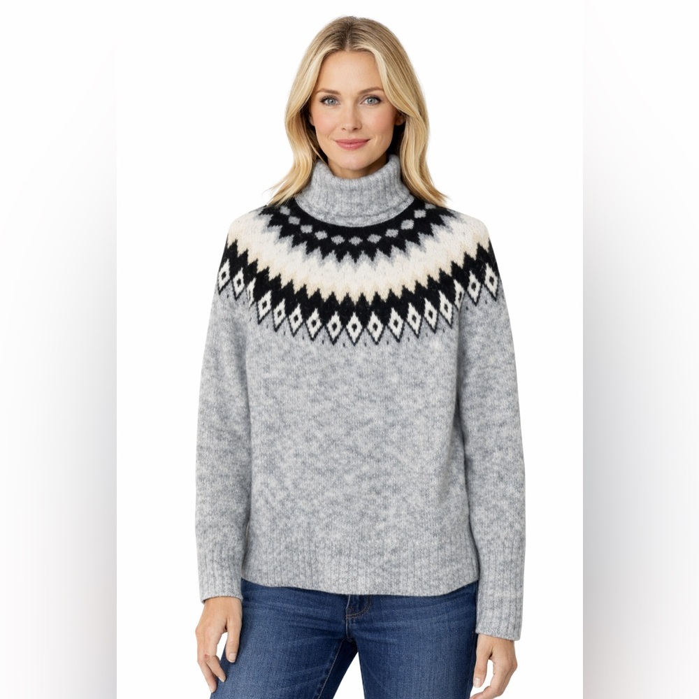 ASPEN Nordic Fair Isle Turtleneck Sweater Gray Black Size XS Cozy Winter